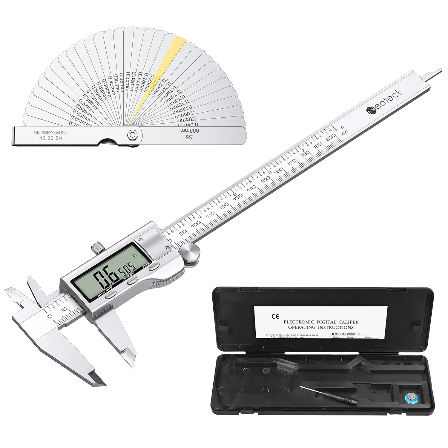 Digitaler Messschieber (200 Mm) Aus Edelstahl Mit 32-stufiger Dickenmessung, Umrechnung Von Zoll In Millimeter, Großem Lcd-display Und Nonius Zur Durchmesser- Und Tiefenmessung