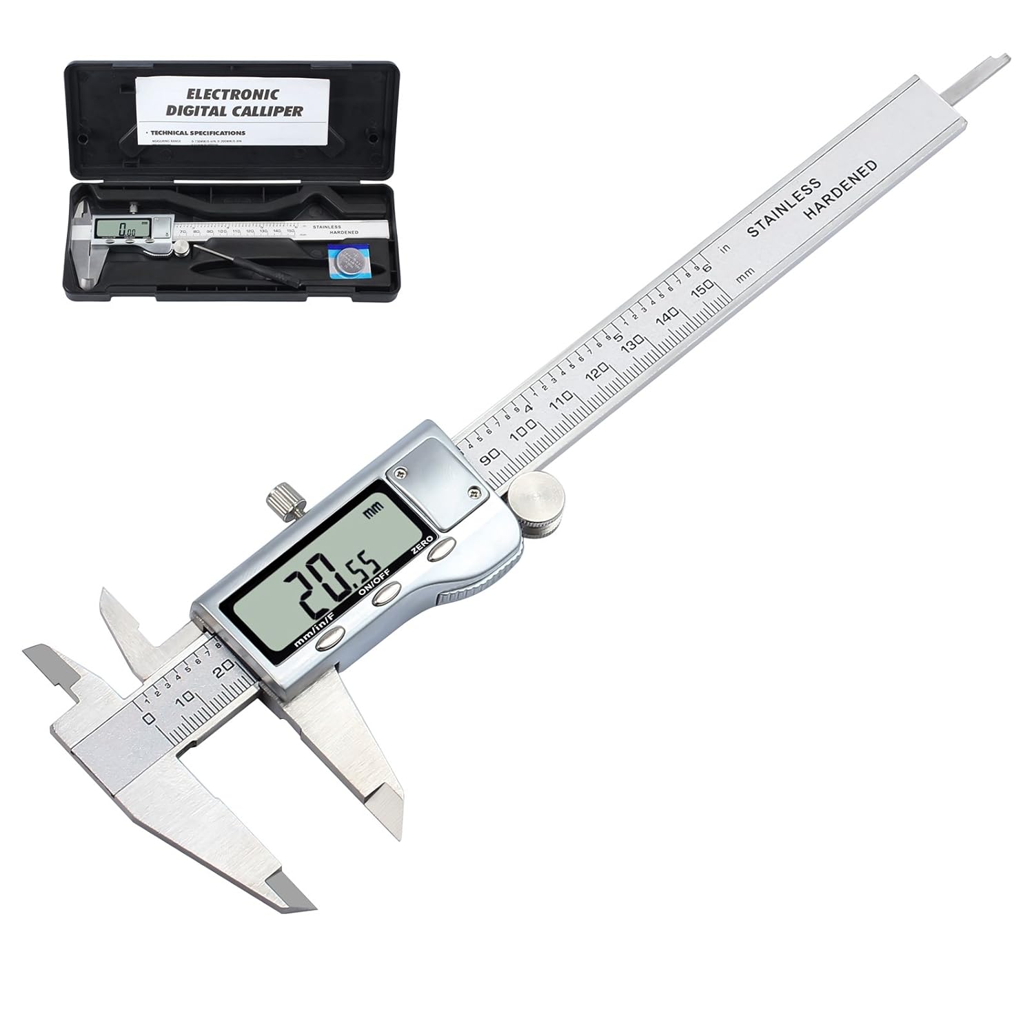 Digitaler Messschieber Aus Edelstahl, 150 Mm, Zur Messung Von Länge, Breite Und Tiefe Sowie Innen-/außendurchmesser (mm/zoll/f).