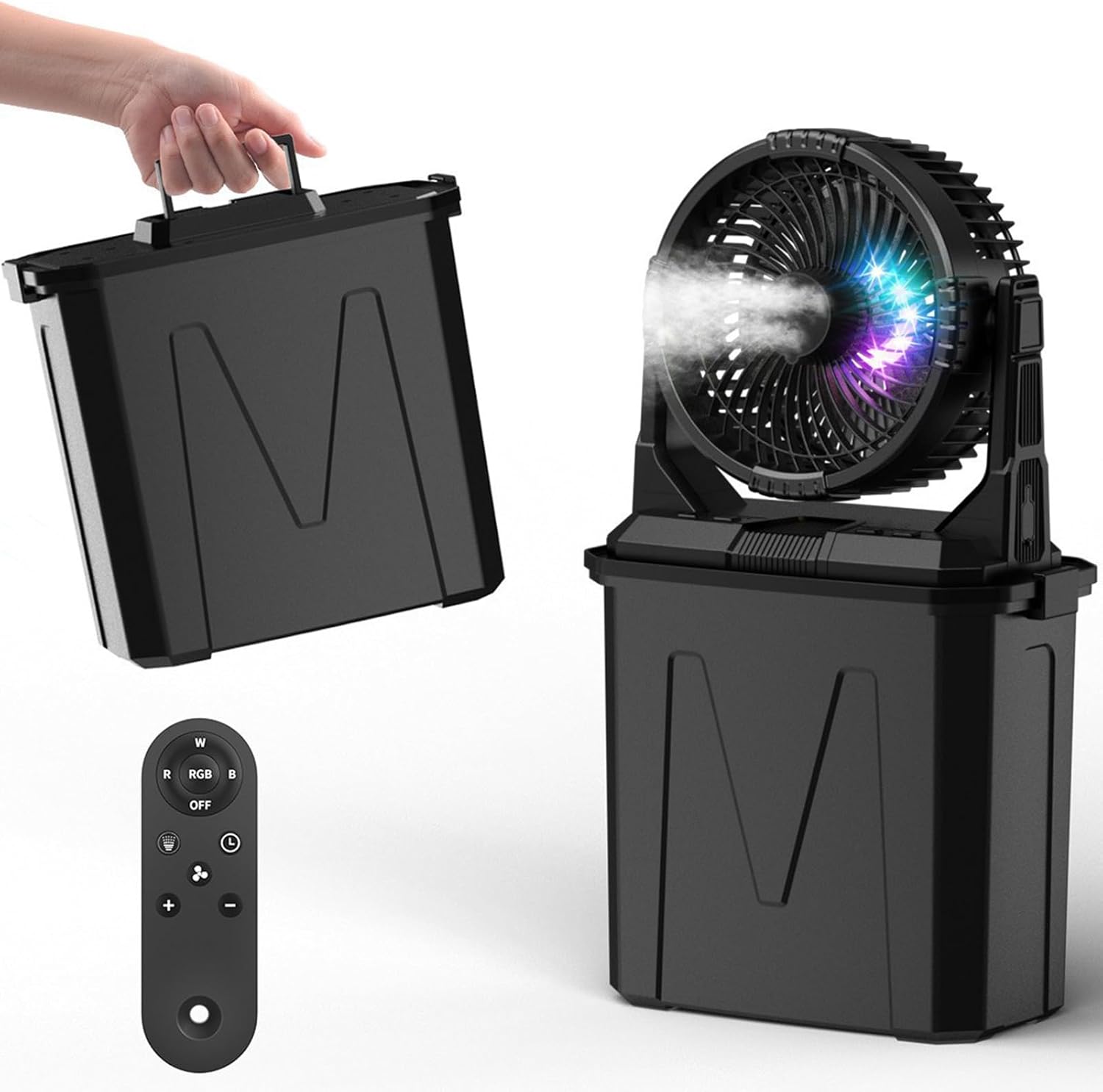 Tragbarer Nebelventilator Mit 10-liter-wassertank, 20.000-mah-akku Für Die Terrasse. Ventilator Mit Nebelfunktion, 4 Nebelmodi Und Fernbedienung.
