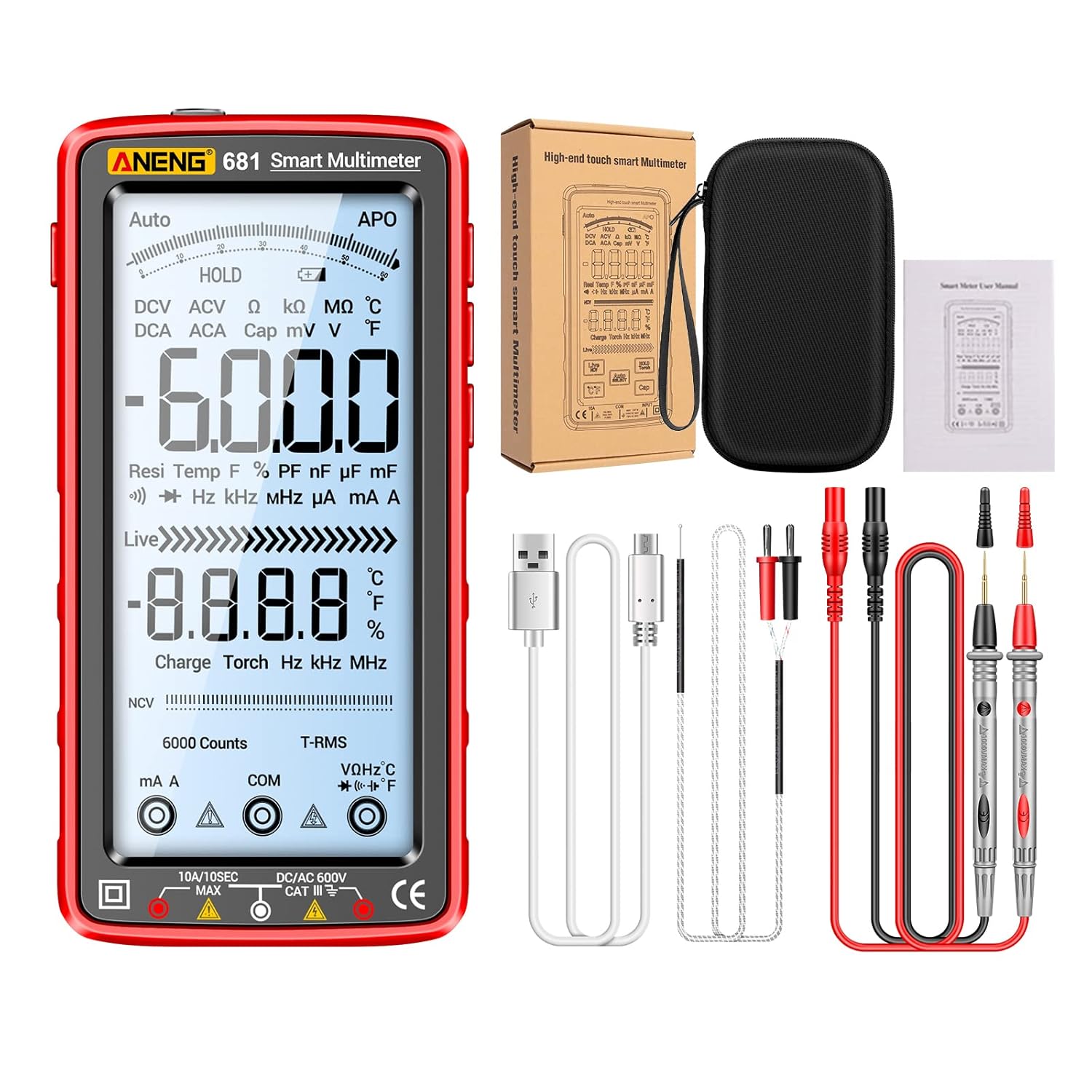 Digitales Multimeter Mit 6000 Zählern Und Intelligentem Überhitzungsschutz Für Spannung, Strom, Widerstand, Kapazität Und Temperatur (rot)