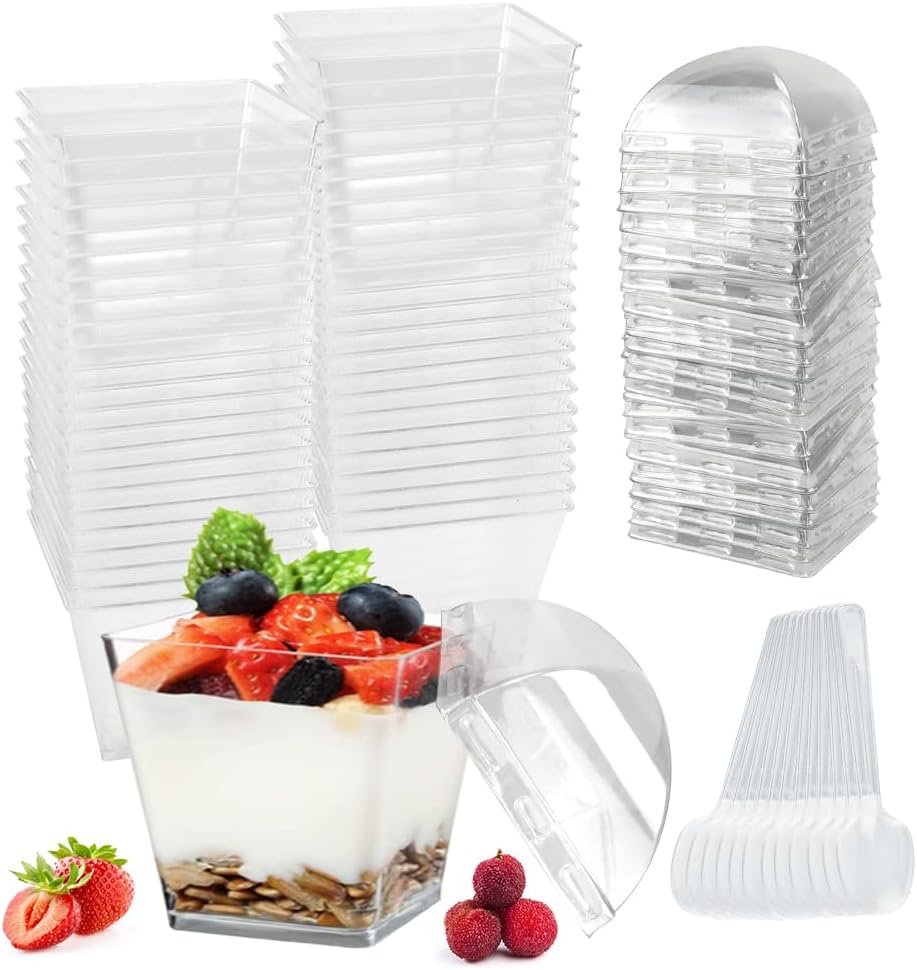 50 Wiederverwendbare Dessertbecher Mit Löffeln, 120 Ml Quadratische Dessertbecher, Transparente Dessertbecher, Wiederverwendbare Servierschalen Für Mousse, Hochzeiten