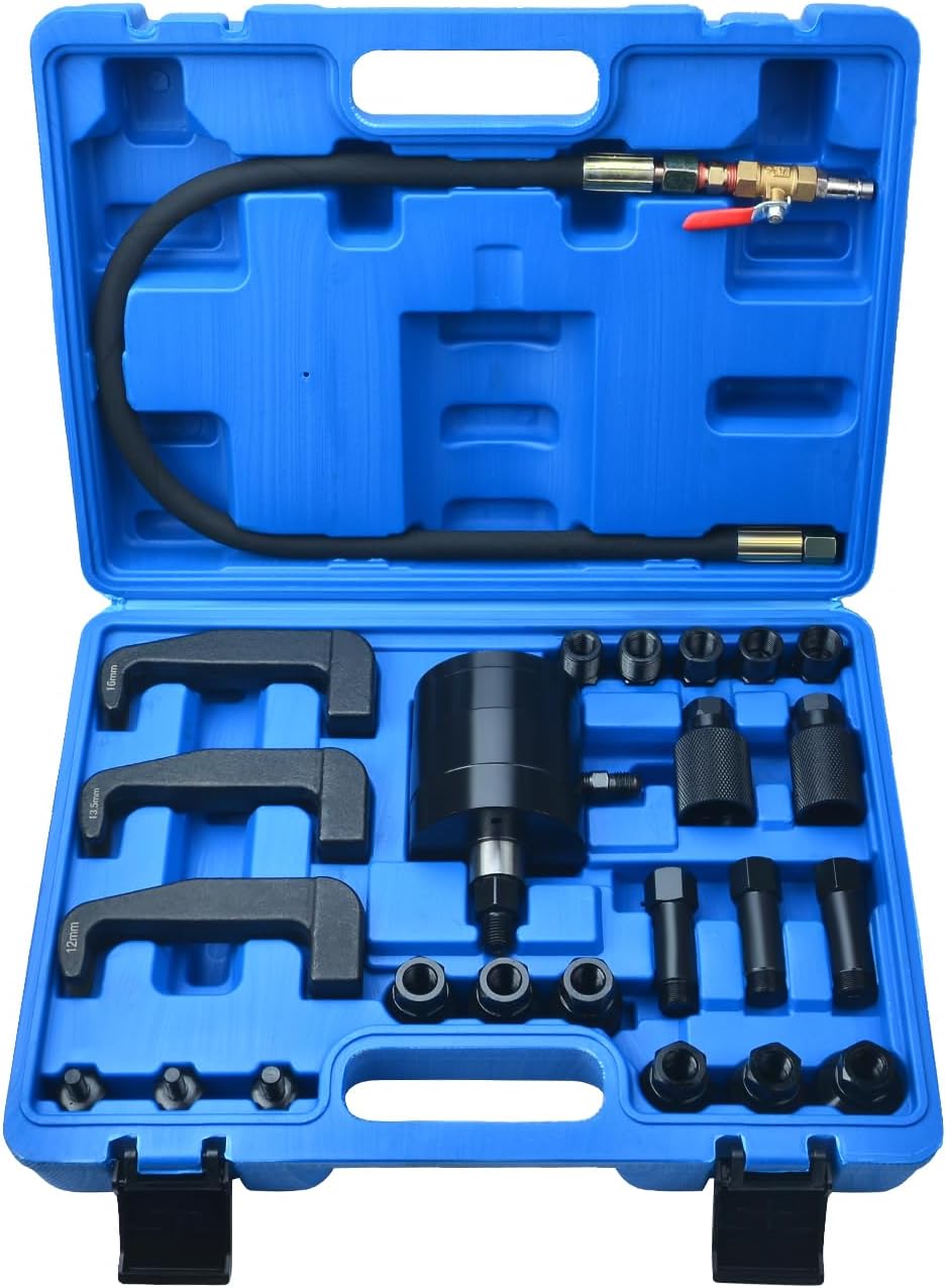 24-teiliges Pneumatisches Injektorabzieher-set Für Dieselmotoren, Luftvibration 5–8 Bar, Mit Injektorabzieherhaken, 19 Adaptern Und Verlängerungsschlauch