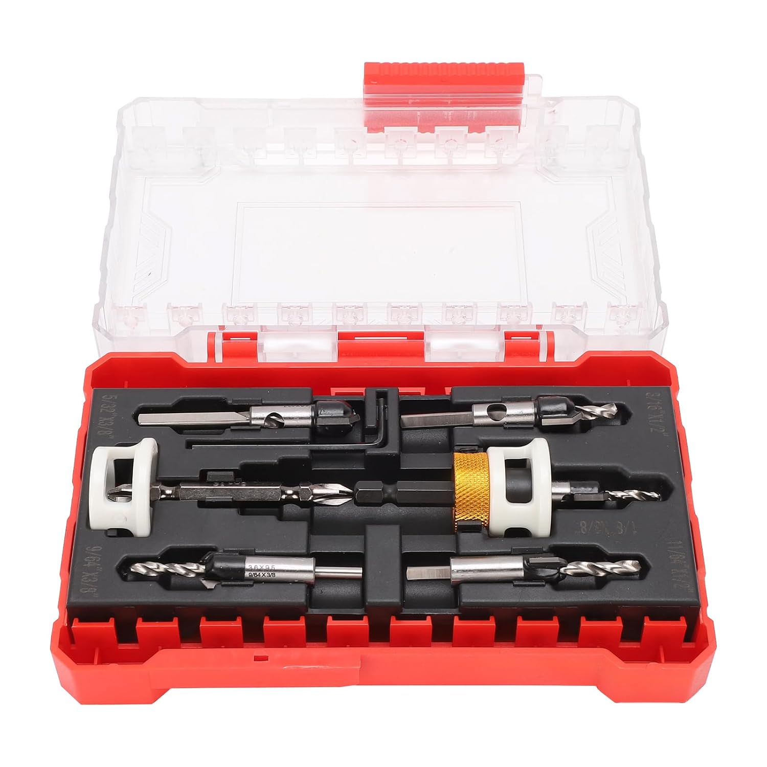 Set Mit 8 Senkbohrern Mit Tiefenanschlag Und Sechskantschaftadapter Für Holzschrauben, Mit 5 Zentrierbohrern (1/8" Bis 3/16"), Verstellbarem Schraubenschlüssel Und