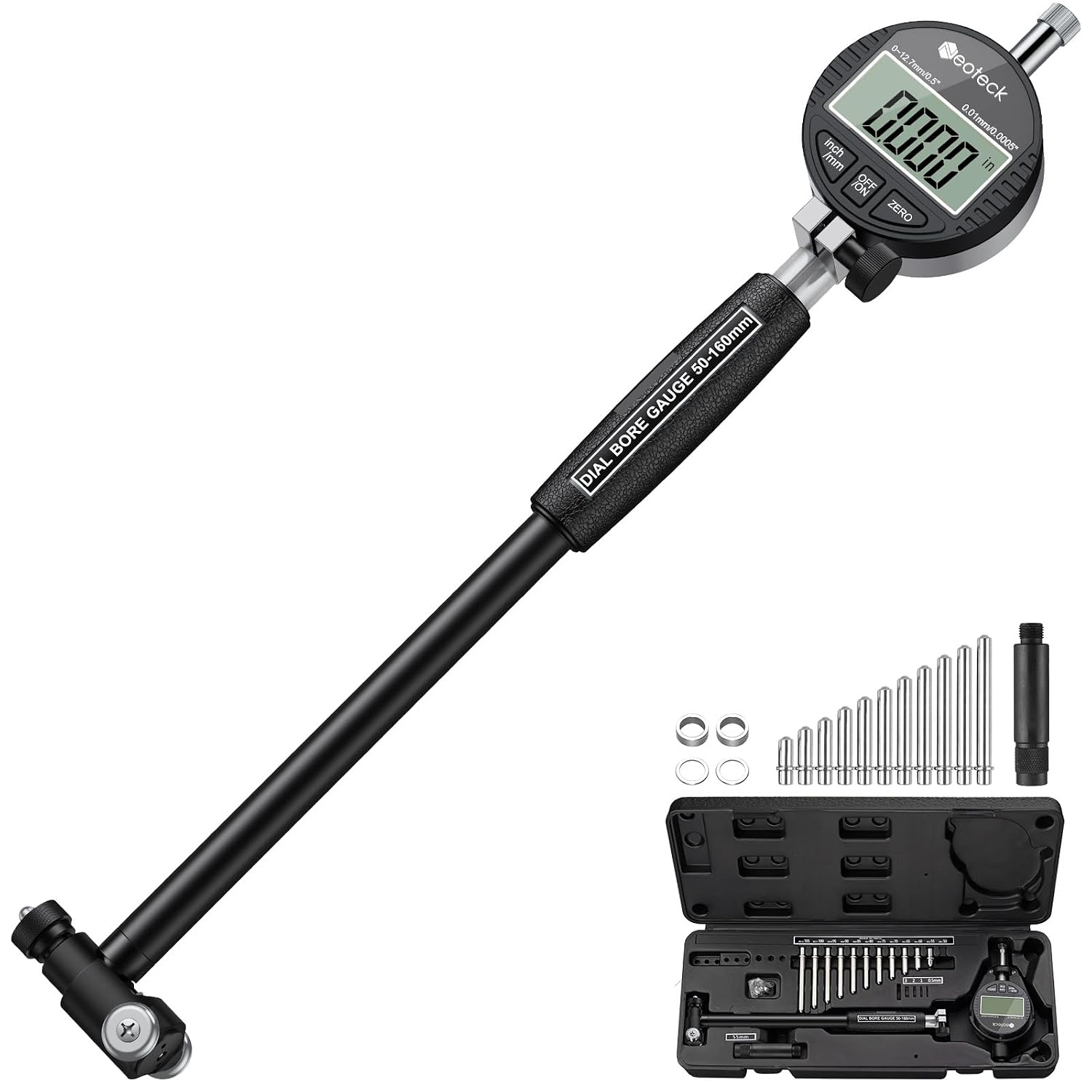 Digitale Bohrungslehre 50–160 Mm Mit 12 Austauschbaren Messköpfen, Digitaler Innenmessuhr, 0,01 Mm Genauigkeit, Zylindertiefe Bis 150 Mm, Messwerkzeug Für Die Kfz-werkstatt