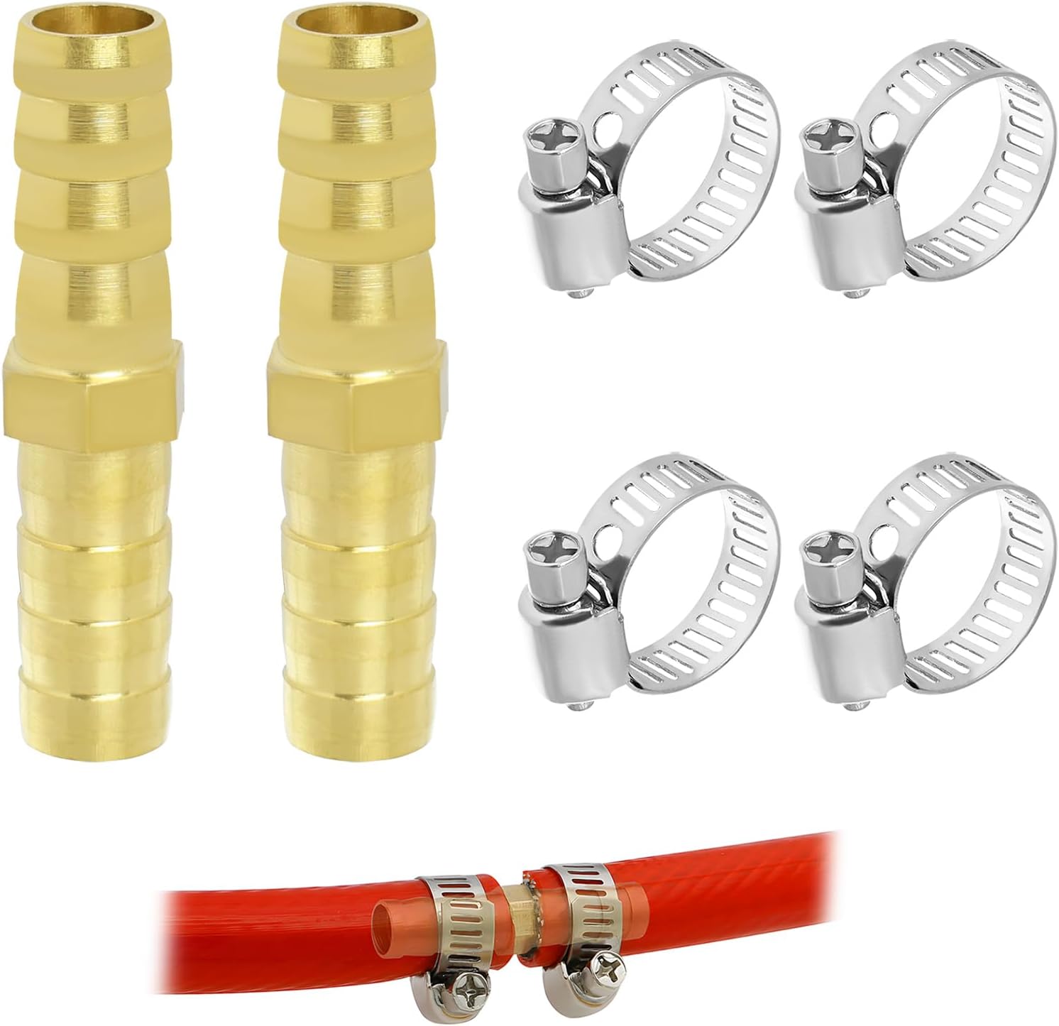 Set Aus 2 Messing-schlauchverschraubungen (8 Mm), 2-wege-schlauchverbinder Mit 4 Schlauchschellen Für Edelstahl-schläuche Und Messingdüsen, Für Wasser, Kraftstoff Und Luft