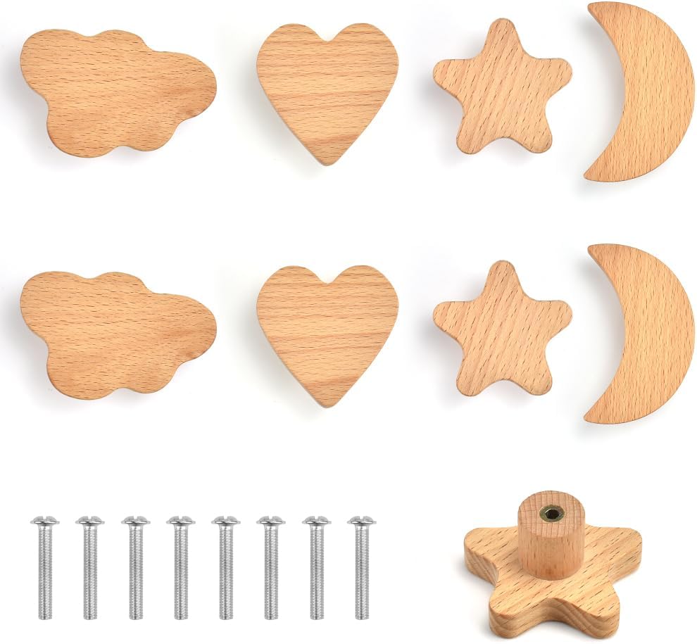 Set Mit 8 Holzschubladenknöpfen Für Kinder – Knöpfe Verziert Mit Sternen, Wolken, Mond Und Herz