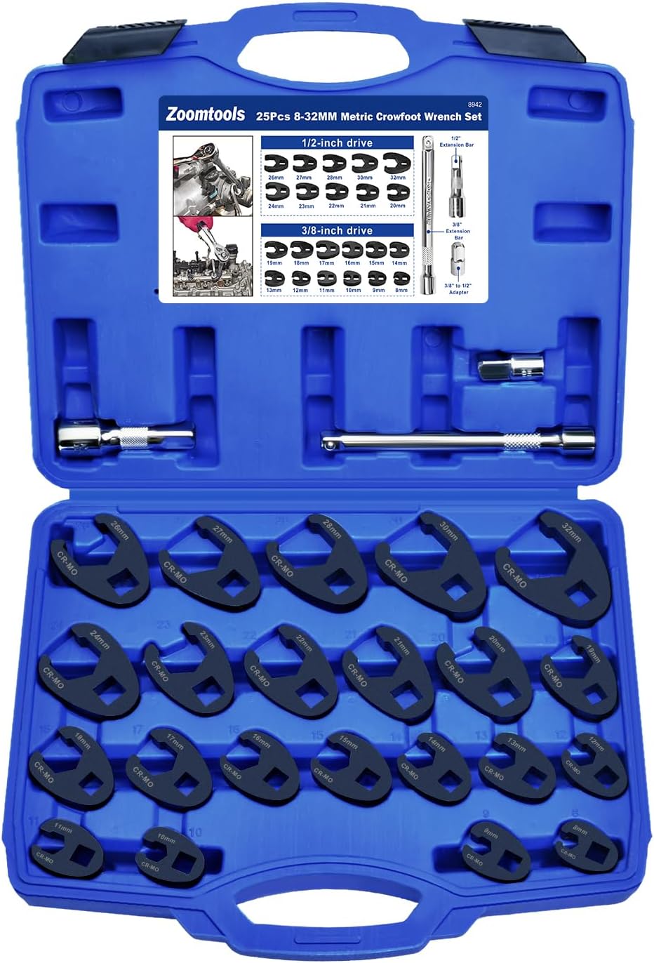 Satz Mit 25 Schwanenfußschlüsseln 8–32 Mm, Verstellbare Schraubenschlüssel, 3/8"- Und 1/2"-antrieb, Metrisch, Mit Adapter Und Verlängerungen, Drehmomentschlüsselsatz
