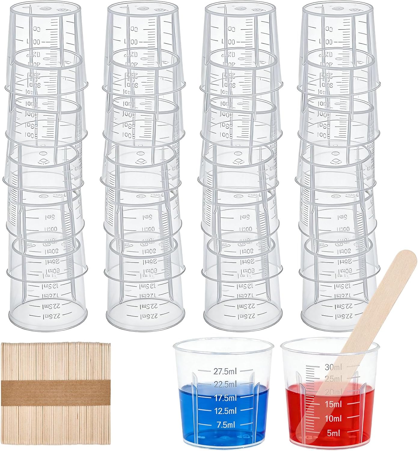 Set Mit 60 Farbigen 30-ml-mischbechern Mit Graduierung, Transparenten Mini-messbechern Aus Polypropylen, Mit 50 Holzrührstäbchen, Kleinen Messbechern Für Epoxidharz