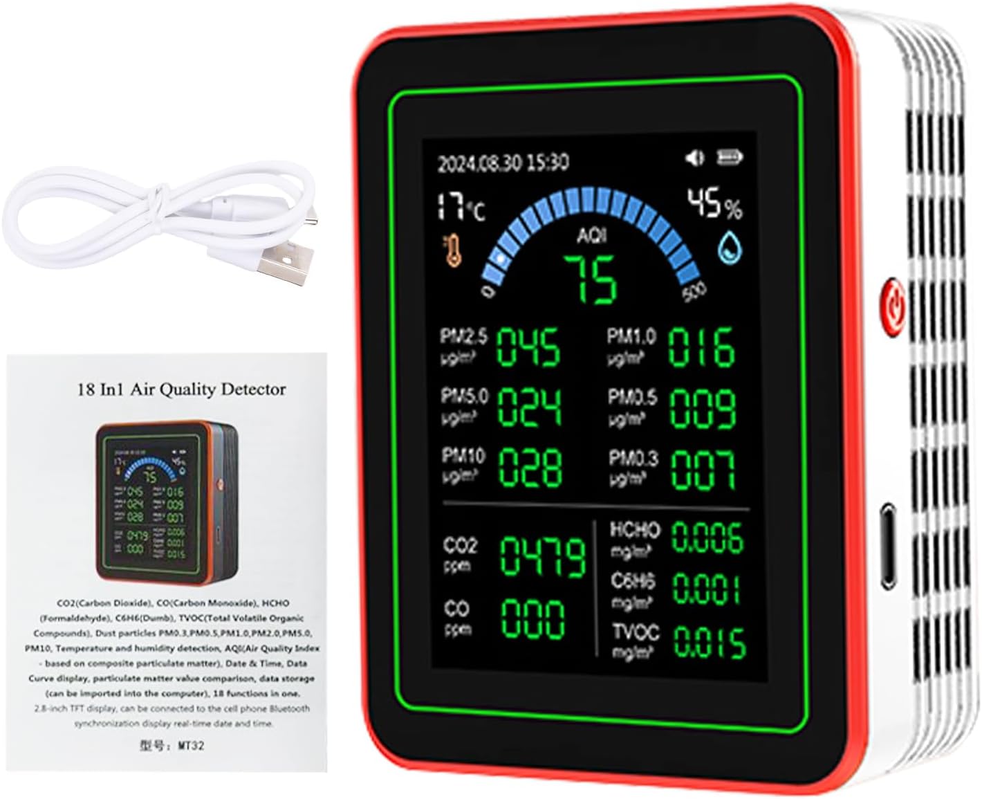Hcho 18-in-1 Temperatur- Und Feuchtigkeitsmessgerät Mit Farbdisplay Für Zuhause Und Büro, Erkennt Pm0,3, Pm0,5, Pm1,0, Pm2,5, Pm5,0, Pm10, Co2, C6h6, Tvoc, Innenbereich (weiß)