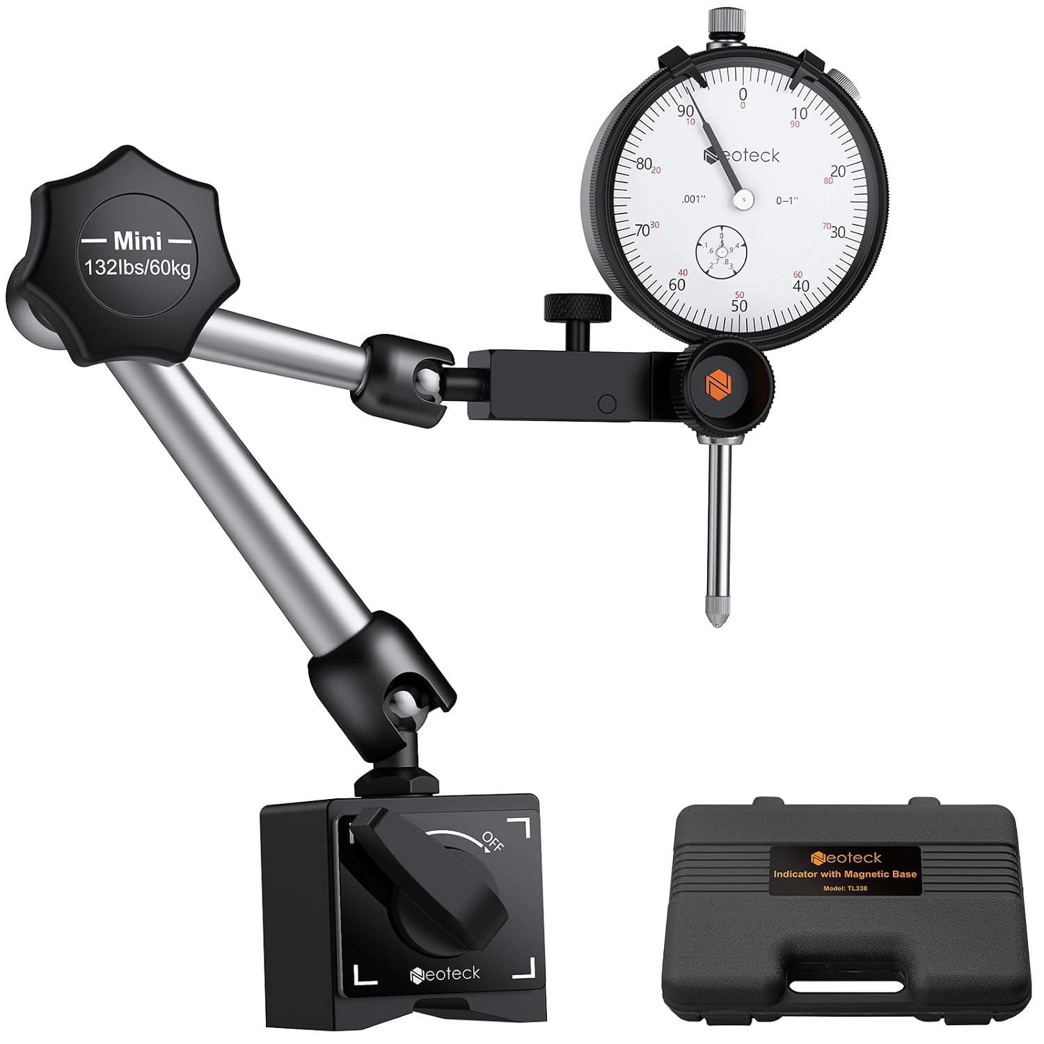 Mechanische Messuhr 0–20 Mm Mit 60 Kg Magnetfuß – 0,01 Mm Genauigkeit Für Fräsmaschinen, Drehmaschinen Und Werkstatteinsätze – 3-achsige Gelenkhalterung Mit Feineinstellung, Edelstahl Für Ebenheitskon