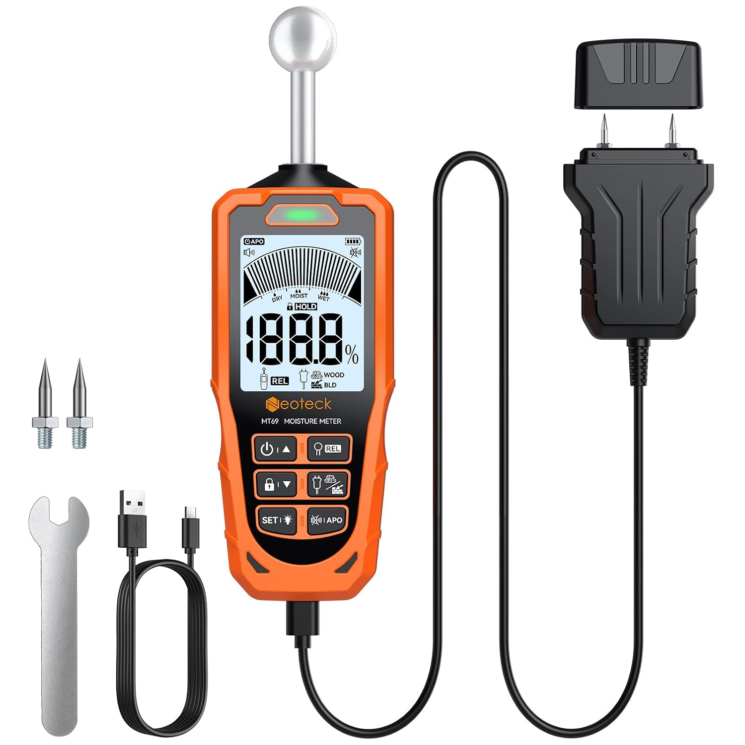 2-in-1-feuchtemessgerät Mit Kugel- Und Nadelsonde – Feuchtigkeitsmessung ±2,5 % Für Holz, Beton, Wände, Decken Und Böden – Digitales Feuchtigkeitsmessgerät Mit Lcd-display, Akustischem Alarm Und Lithi