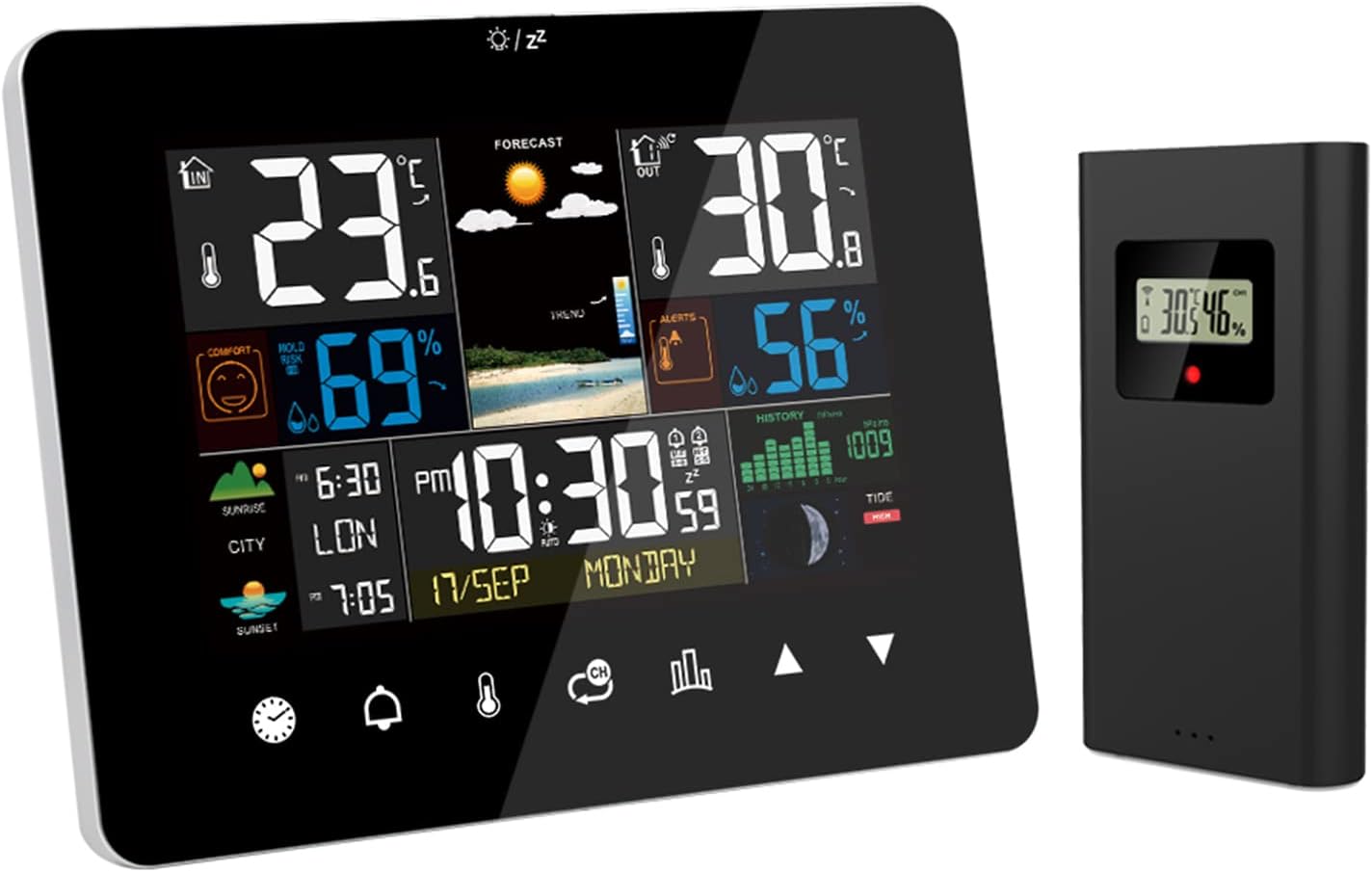 Drahtlose Wetterstation, Sonnenaufgangs- Und Sonnenuntergangs-wetterstation, Multifunktionswecker, Thermometer, Hygrometer, Touchscreen-bedienung Mit Drahtlosem Außensensor