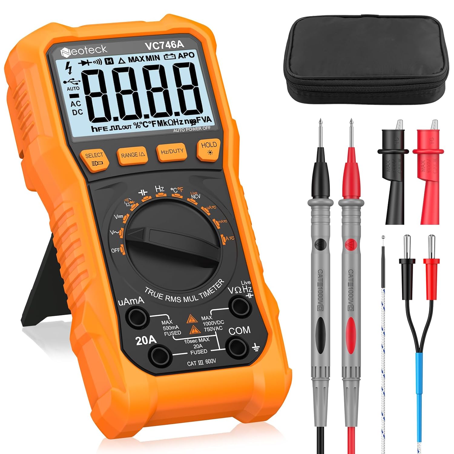 Digitales Multimeter Mit 2000 Counts, Elektrisches Testgerät Für Wechsel- Und Gleichstrom, Spannung, Widerstand, Kapazität, Ncv, Frequenz Und Temperatur Mit Krokodilklemme (orange, 6000 Counts / 1000