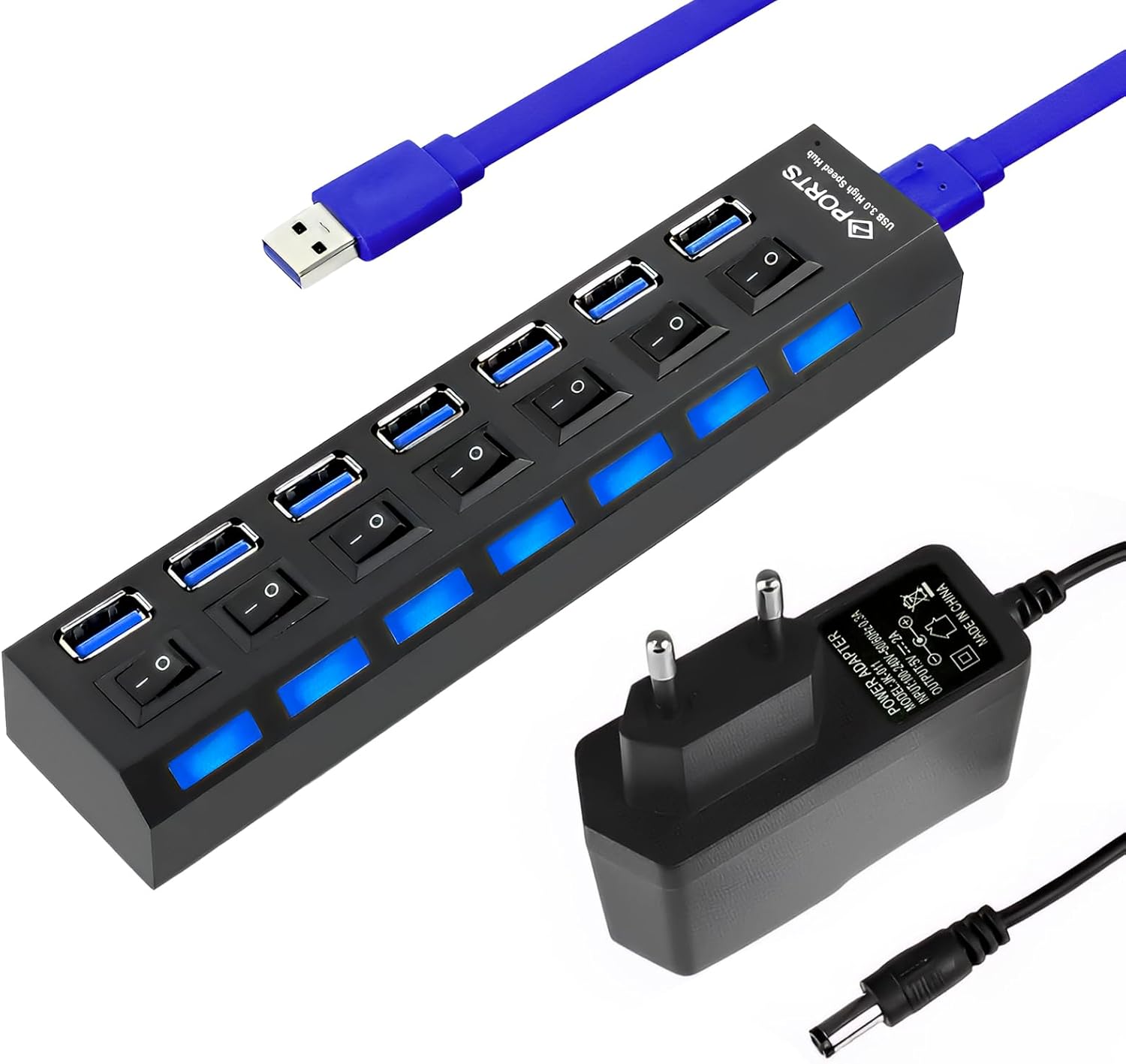 7-port-usb-hub Mit Netzteil, Tragbarer 5-gbit/s-usb-3.0-hub + 6 Usb-2.0-anschlüsse Mit Individuellen Led-schaltern, Mehrfach-port-splitter-hubs Für Laptop, Pc, Maus Und Tastatur