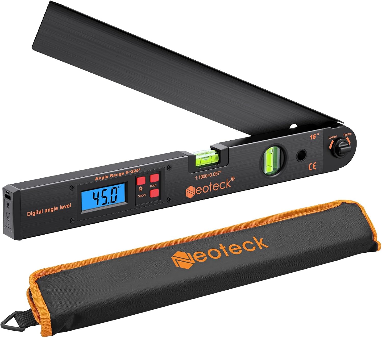 Digitaler Winkelmesser 400 Mm/0–225° – Winkelmesser Mit Wasserwaage, Hintergrundbeleuchtetem Lcd-display, Haltefunktion, Etui Und Batterie – Präzises Messwerkzeug Für Zimmerei, Dachdeckerarbeiten Und
