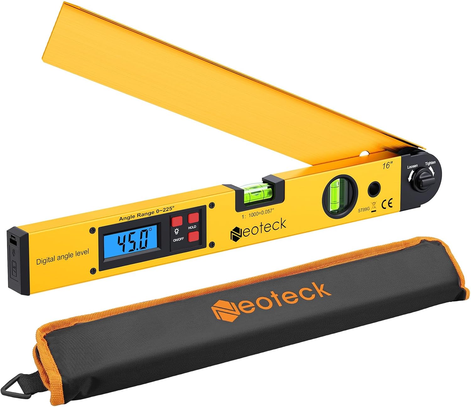 400 Mm / 16 Zoll Digitaler Winkelmesser (0–225°) Mit Lcd-hintergrundbeleuchtung Und Winkelmesser, Inklusive Tragetasche Für Industrielle Umstrukturierungsarbeiten Und Baustellen, Gelb