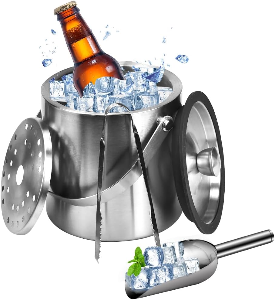 1,6-liter-eiskübel Mit Edelstahldeckel, Champagnerkübel, Isolierter Eiskübel, Eiskübel Für Flaschen, Edelstahl-eiskübel, Isolierter Eiskübel Mit 1 Clip Und 1 Filter
