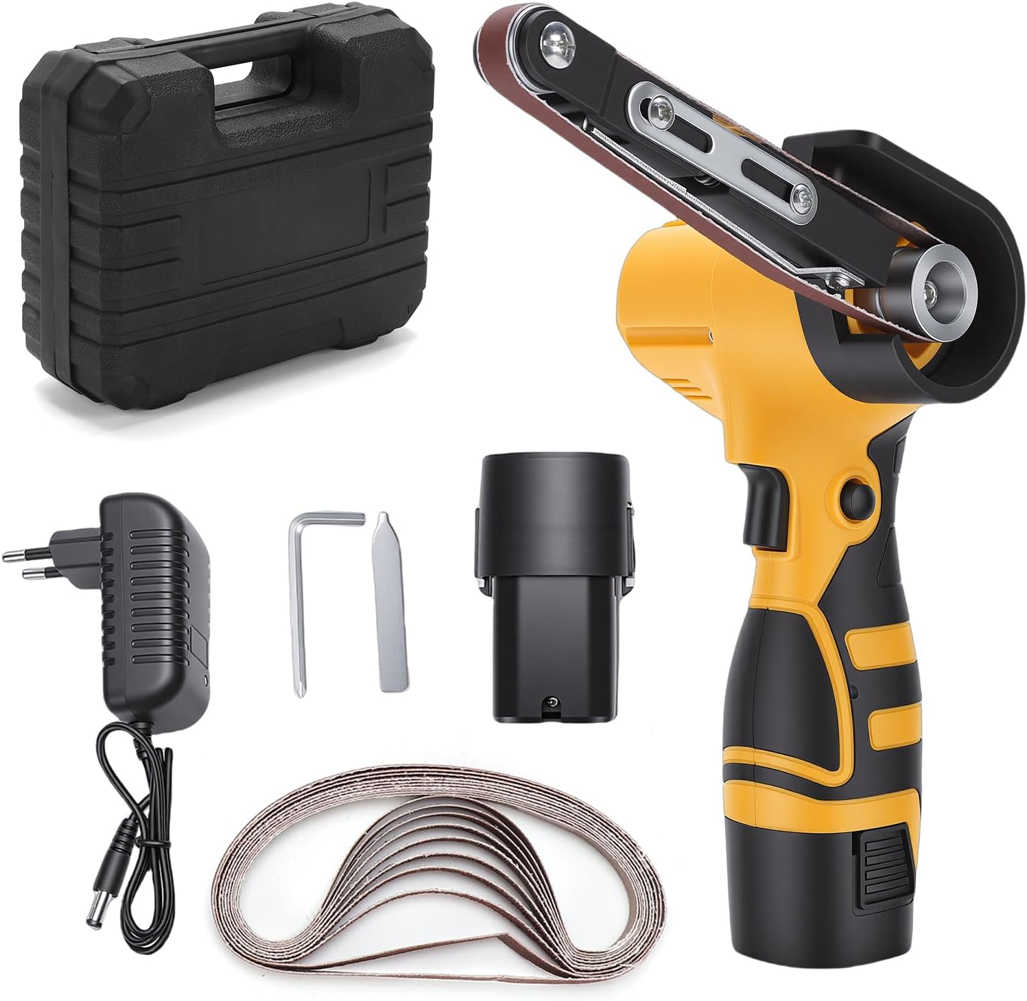 16,8-v-akku-bandschleifer, 7000 U/min, Mini-bandschleifer Mit 10 Aluminiumoxid-schleifbändern, 2 X 1500-mah-akkus Für Holz, Metall Und Kunststoff