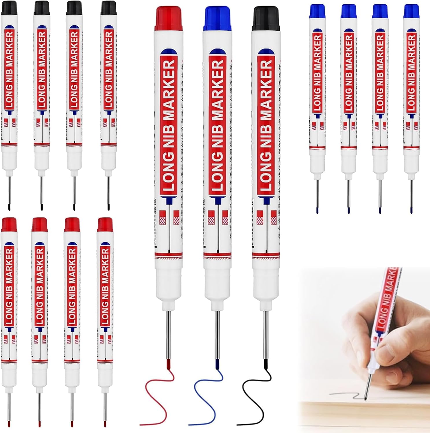 15 Stück Tieflochmarker, 20 Mm Für Schwer Zugängliche Markierungen, Feine Spitze, Wasserfeste Permanentmarker Für Holz, Metall, Beton Und Kunststoff (5 Schwarze, 5 Rote, 5 Blaue)
