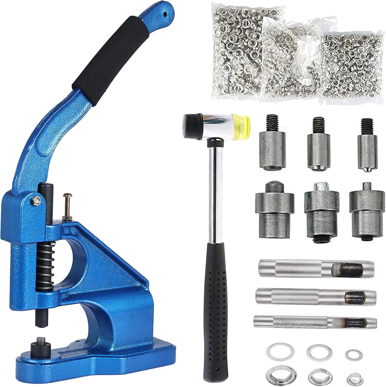 Metallösenmaschine, Manuelle Ösenpresse (6/10/12 Mm), Professionelle Ösenzange Mit 3 Matrizen, 1500 Silberne Ösen, Stempel Und Hammer Für Planen, Stoffe Und Vorhänge