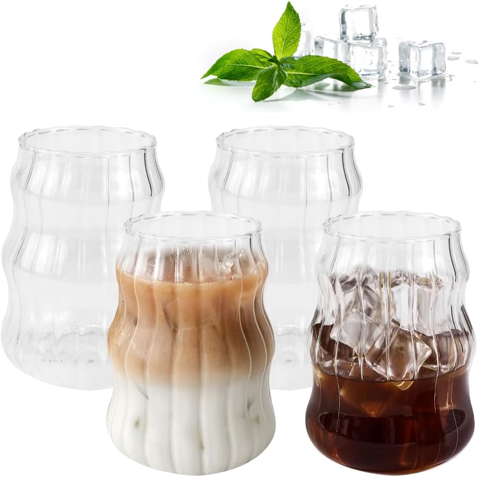 4-teiliges Set: Espressotassen, Gewellte Teegläser, Kaffeegläser, Cocktailgläser, Vertikal Gestreifte Gläser, Dessertbecher, Vintage-glaswaren, 530 Ml Für Latte Macchiato, Tee, Eiscreme, Milch, Bier
