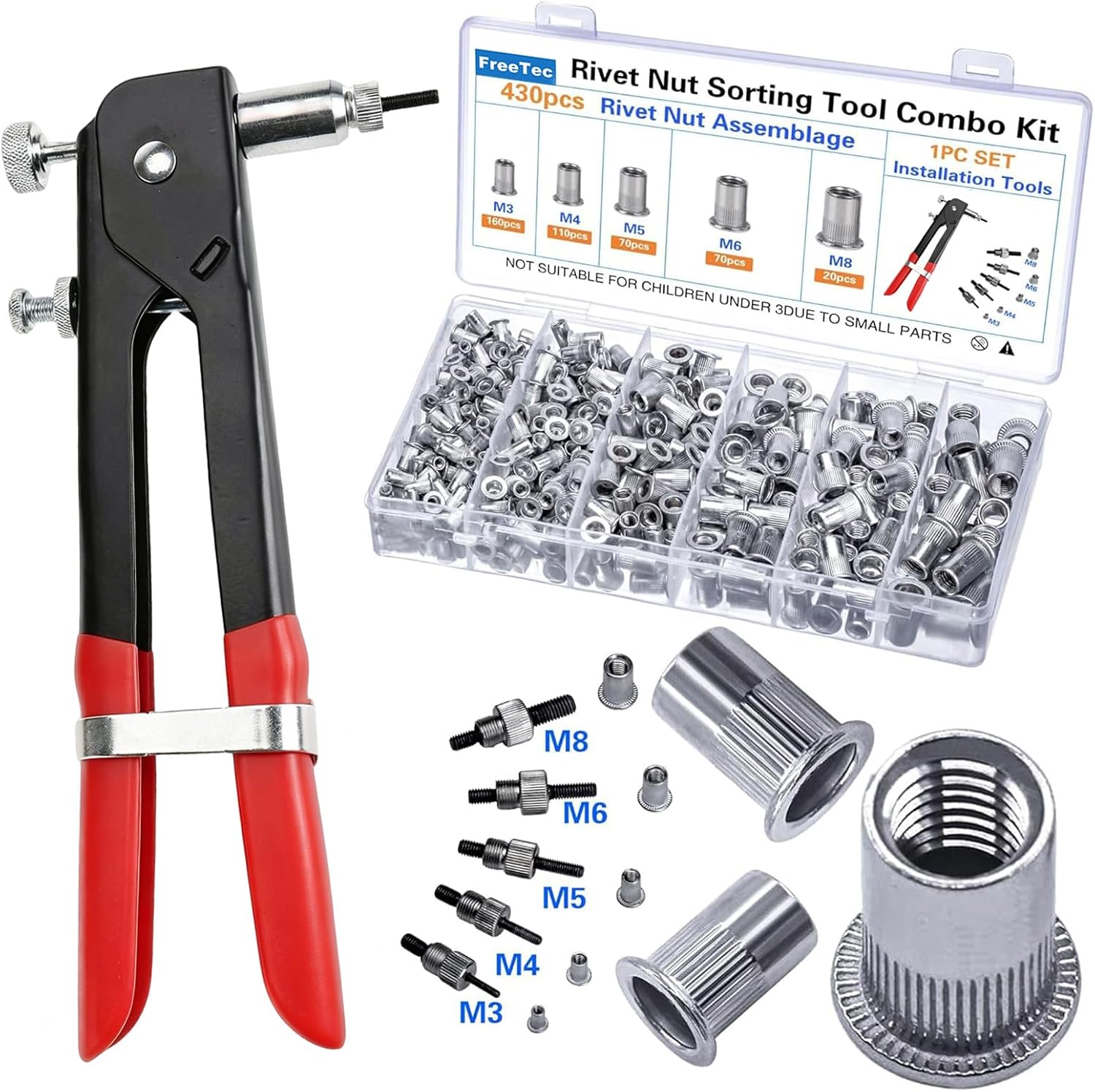 436-teiliges Set: Gewindeeinsatzzange, M3 M4 M5 M6 M8 Crimpmutterzange, Nietmutterzange Und 5 Dorne, Gewindeeinsatzwerkzeug Zum Verpressen Von Aluminiummuttern Für Metallrohre Und Autos (rot)