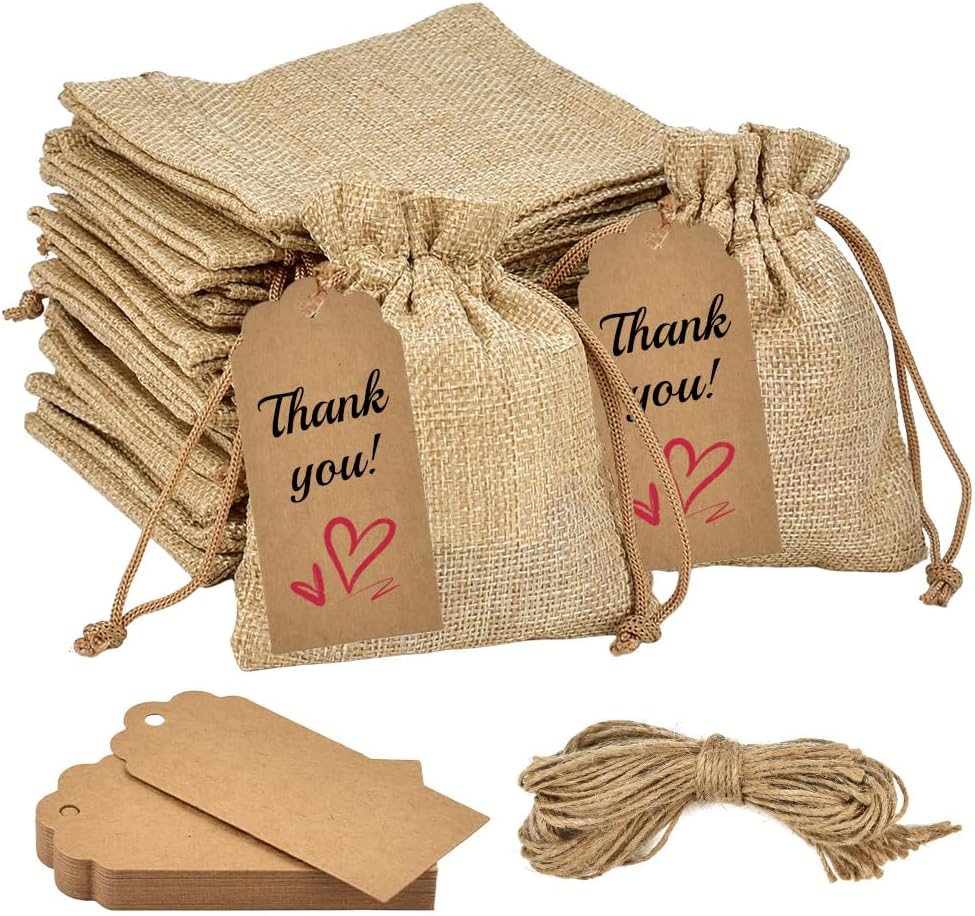 50 Kleine Jute-canvas-beutel (10 X 12 Cm) Mit Etiketten – Leinenbeutel Mit Kordelzug – Stoffgeschenkbeutel Für Hochzeiten, Taufen, Schmuck, Lavendel