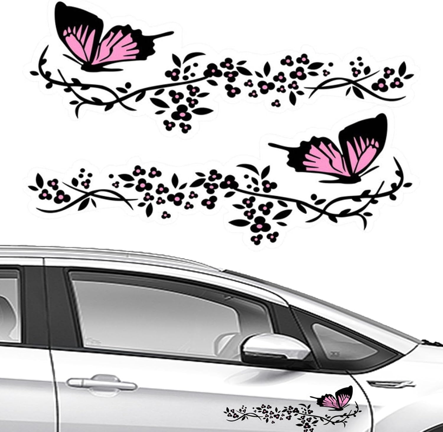2-teiliges Schmetterlings-autoaufkleber-set Mit Blumen- Und Schmetterlingsmotiv, Für Motorhauben, Skateboards, Motorräder, Koffer, Wände (schwarz Und Rosa)
