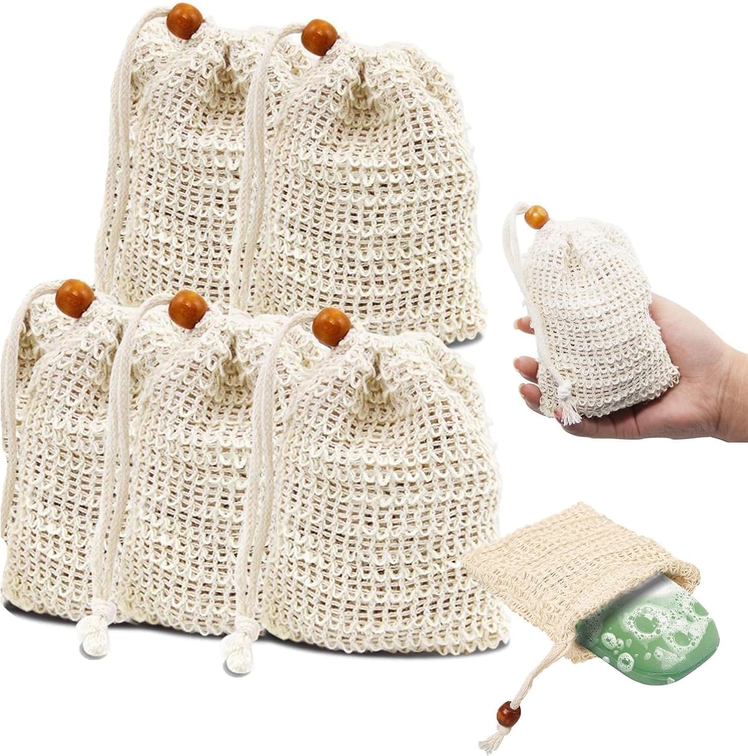 5-teiliges Seifennetz Mit Kordelzug Zum Trocknen, Strapazierfähiger Seifenbeutel Aus Baumwolle (14 X 9 Cm), Schäumend, Massierend Und Peelend, Für Feste Seife Und Festes Shampoo