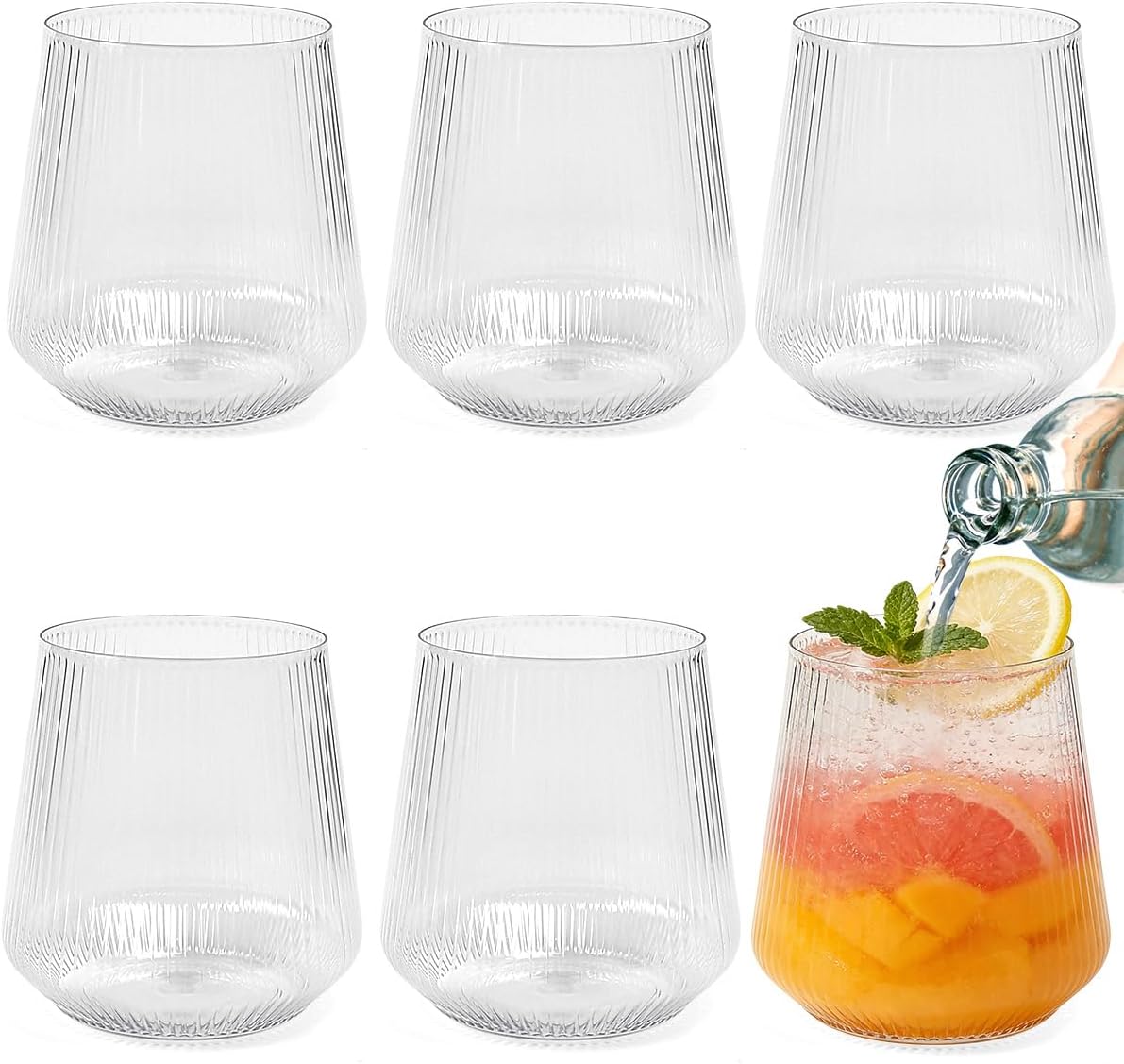 Stiellose Weingläser (340 Ml), Geriffelte Wassergläser Aus Kunststoff, Spülmaschinenfest, Bpa-frei, Saftgläser, Cocktailgläser, Wiederverwendbare Gin-gläser Aus Kunststoff