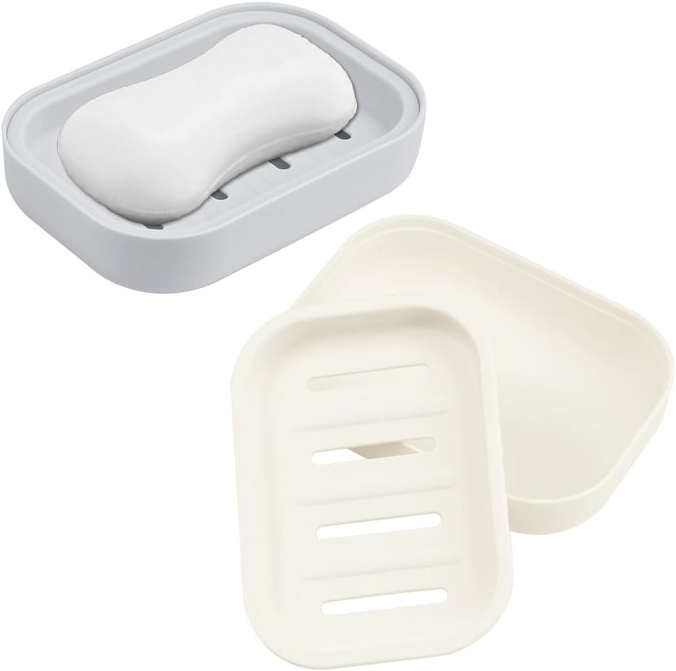 2er-set Seifenschalen Aus Kunststoff Mit Abtropfschale, Doppellagig, Mit Perforation Für Spüle, Schwamm Und Badewanne, Beige Und Grau