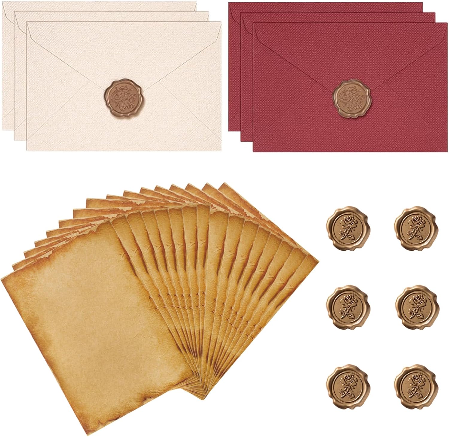 28 Stück Vintage-briefpapier Und -umschläge, 16 Vintage-kraftpapiere Und 6 Wachssiegelaufkleber, 6 Papierumschläge Für Einladungen