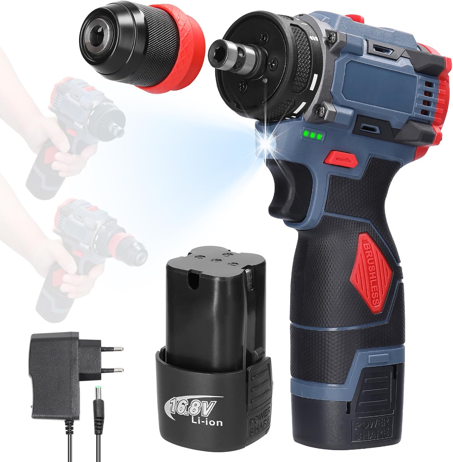 16,8-v-akku-bohrschrauber, 2 X 1300-mah-akkus, Max. 45 Nm Drehmoment, 21+1 Drehmomenteinstellungen, 2 Geschwindigkeiten, Led-leuchte Für Reparaturen Und Heimwerkerprojekte