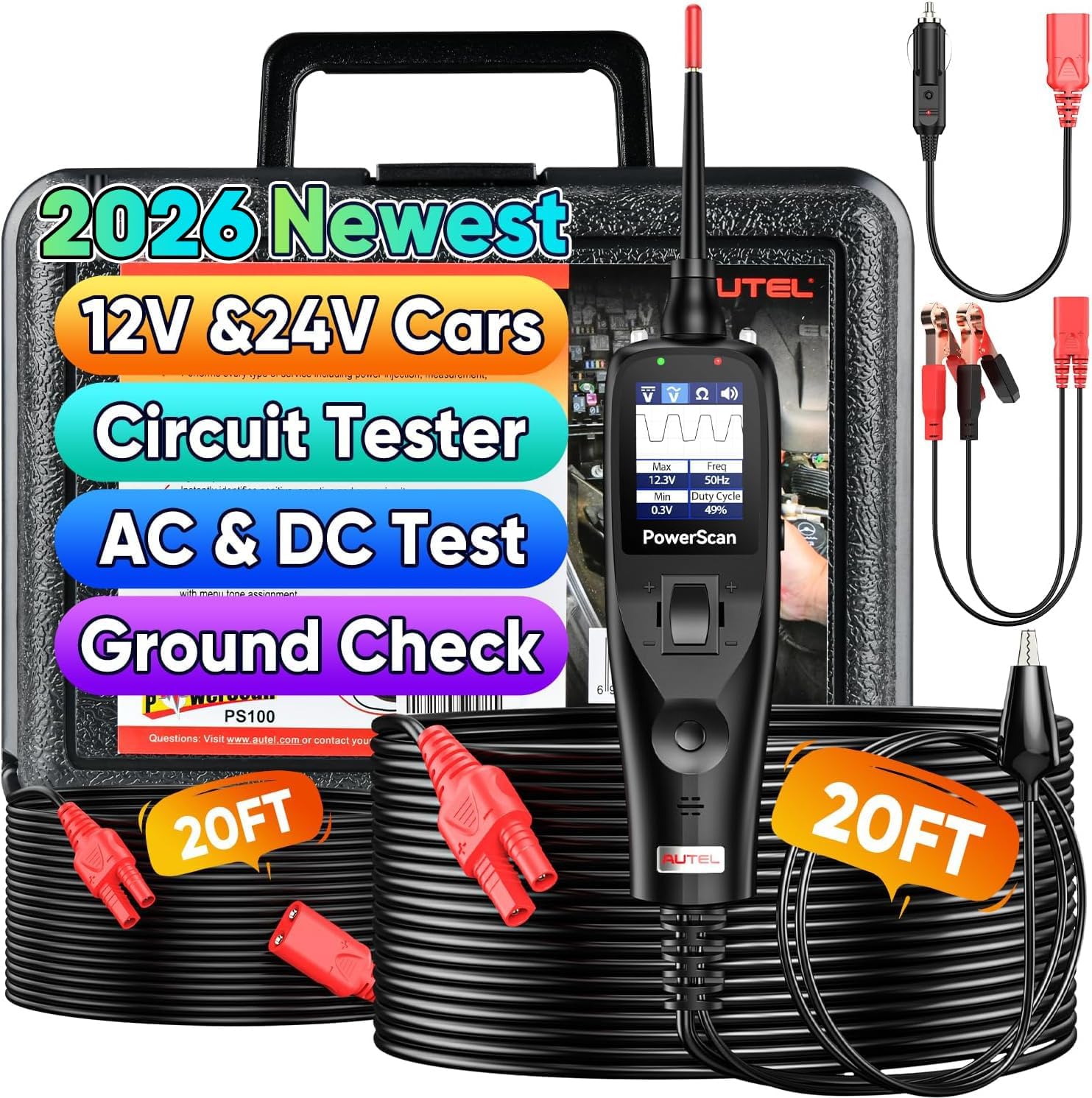 Autel® Powerscan Ps100 Kfz-stromkreisprüfer, 12–24-v-netzteilprüfer, Kurzschlussdetektor, Digitalmultimeter, Relais- Und Diodenwiderstandsmessung, Masseprüfung, 12-m-kabel, Schwarz