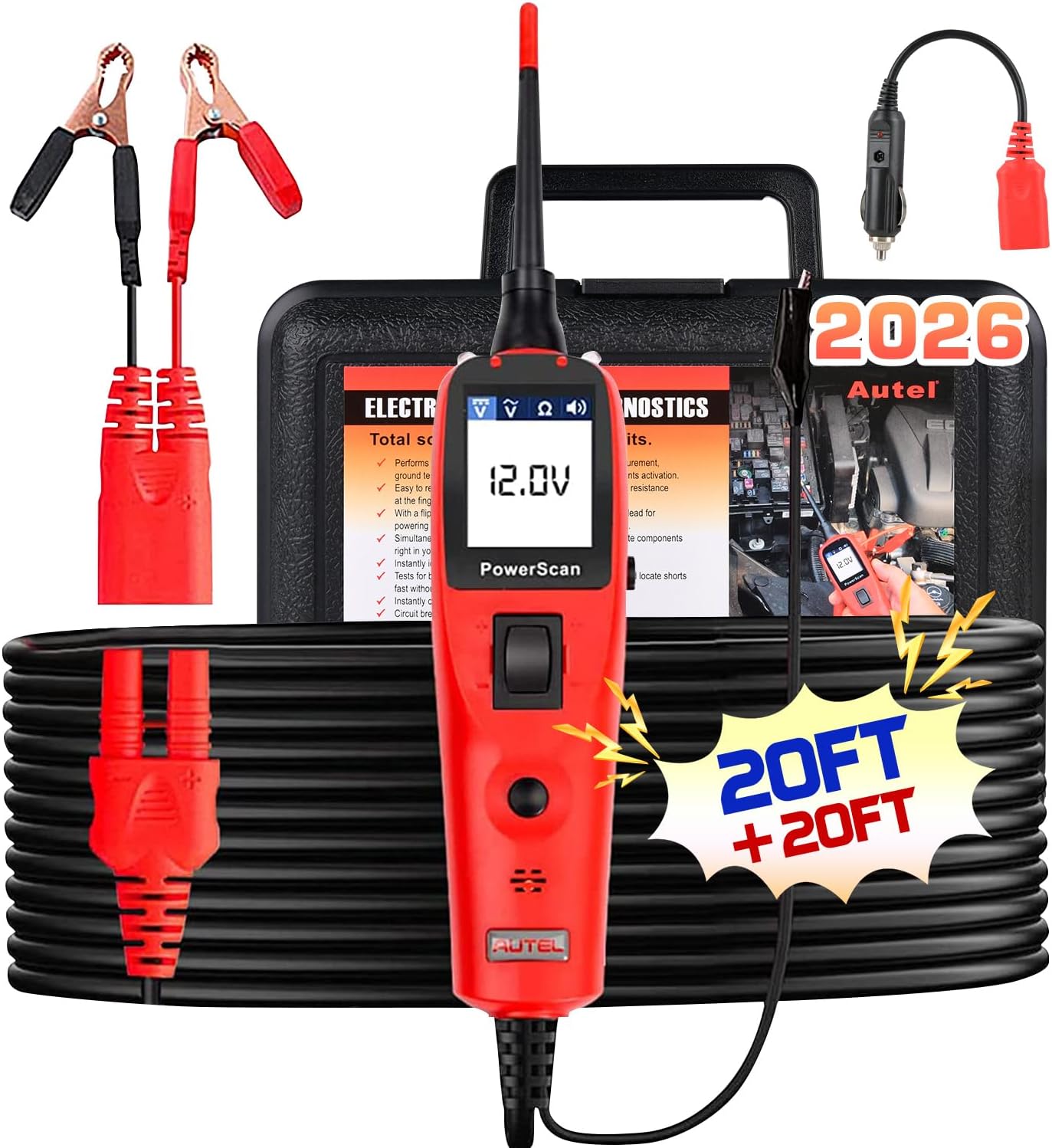 Powerscan Ps100 Kfz-stromkreistester (modelljahr 2026), Elektrisches Prüfgerät, Kurzschlussdetektor Für 12-24v-leistungsschalter, Ac/dc-stromwiderstandsmessung & 6m Verlängerungskabel Für 99% Der Fahr
