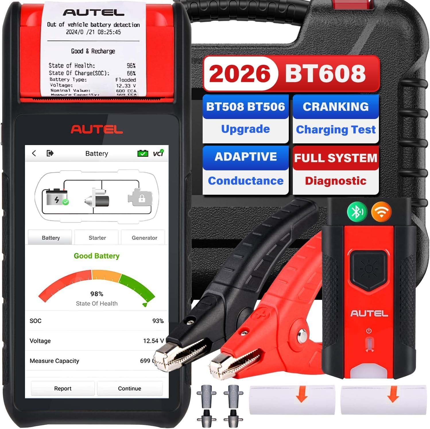 Maxibas Bt608 (e) Autobatterietester, 2026 V Und Höher Als Bt508/bt506, Adaptive Leitwertmessung (wert 1000+), Last- Und Starttest Wie Bt609, Batterie-reset, Komplettsystem Mk808s