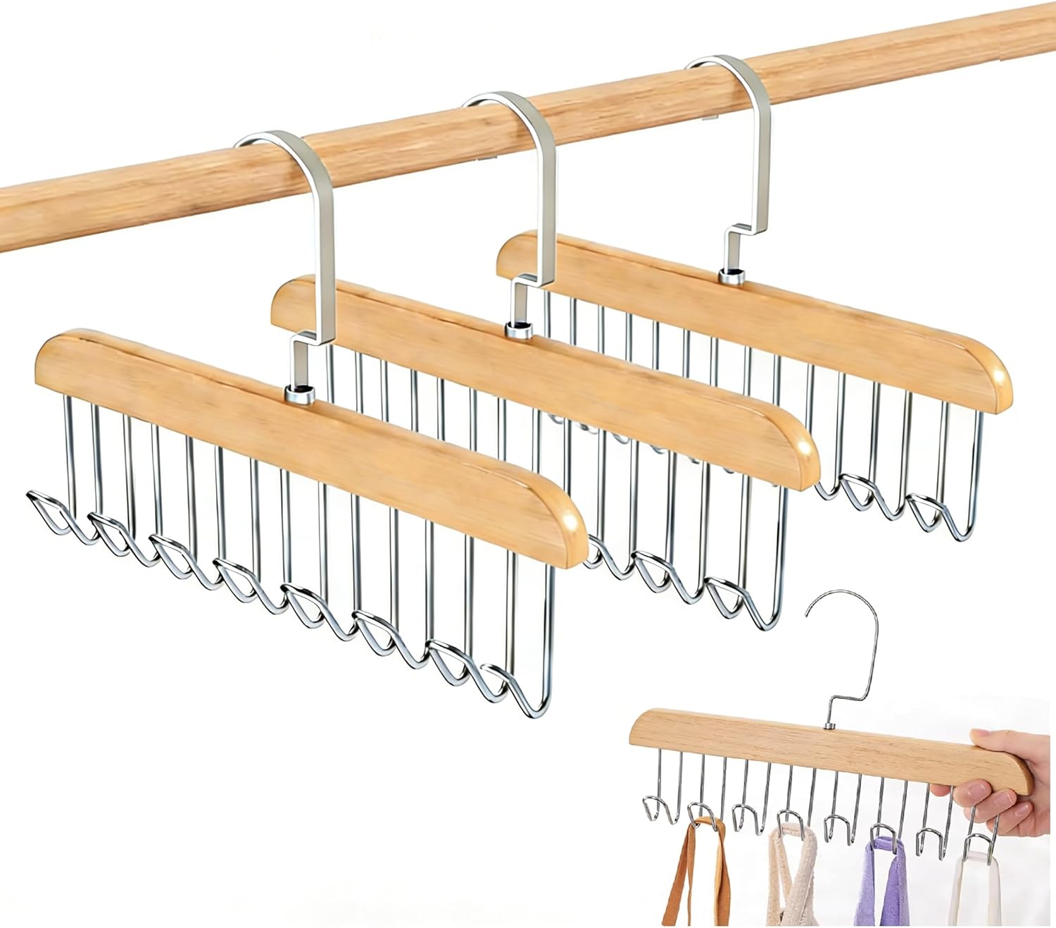 3er-set Gürtelhalter, Kleiderschrank, 28 Cm, Kleiderbügel Mit Haken, Gürtel, Schrankorganizer, Krawattenhalter, Holz, 360° Drehbarer Haken, Krawattenhalter