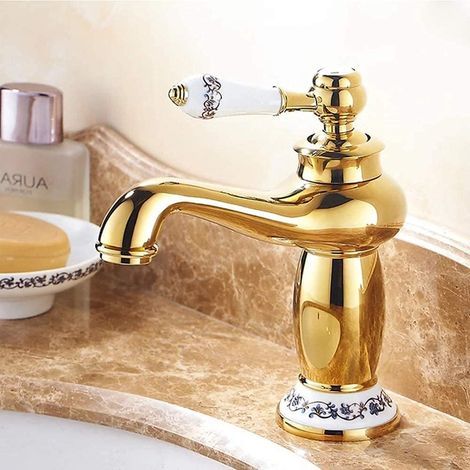 Wasserhahn, Kreativer Waschtischhahn, Badezimmerwaschbecken, Einhebel-garderobenhahn Mit Heißem Und Kaltem Wasser, Florales Keramik-vintage-messing-waschtischwaschbecken, Gold