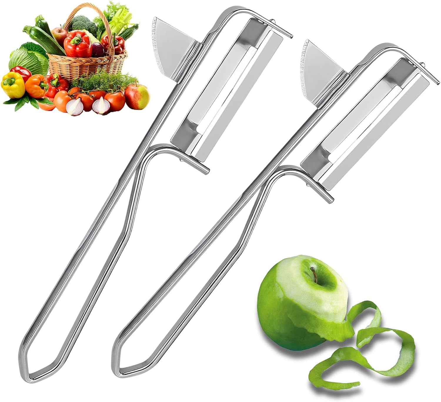 Universal-gemüseschäler-set, 2-teilig, Edelstahlklinge, Gezahnter Kartoffelschäler Für Karotten, Auberginen, Birnen, Mangos Und Gurken, Silber