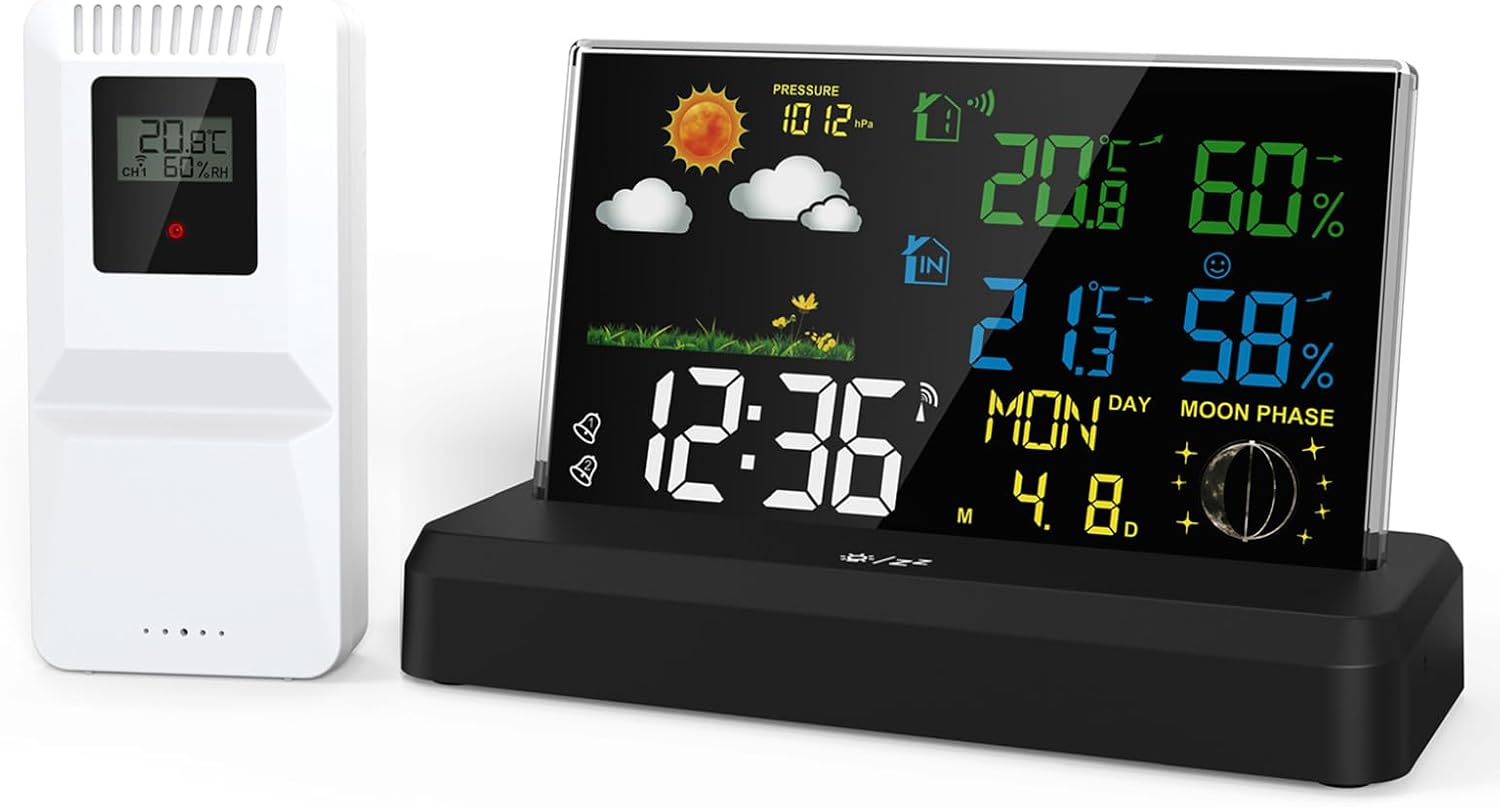 Innen- Und Außenwetterstation Mit Temperatur- Und Feuchtigkeitssensor, Heimthermometer, Wecker Mit Va-farbdisplay, Wettervorhersage
