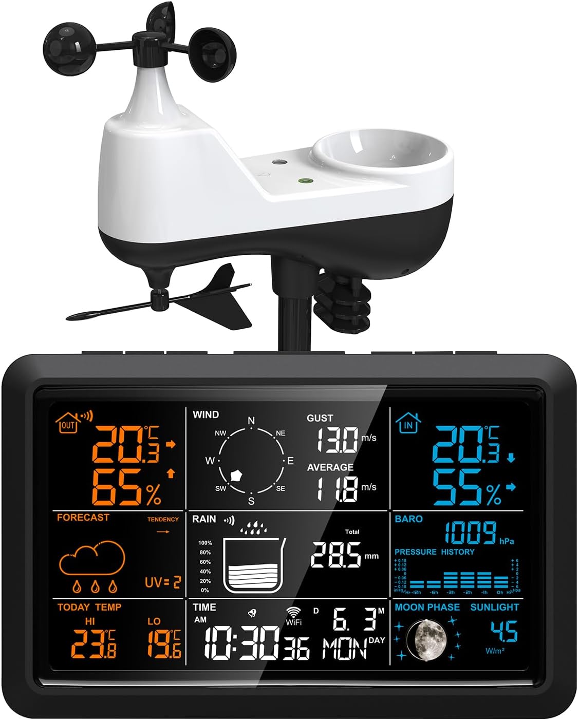 Intelligente Wlan-wetterstation Mit Externem Sensor. Wetterstation Mit 7,5-zoll-farbdisplay Zur Anzeige Von Wettervorhersagen, Temperatur, Luftfeuchtigkeit, Windgeschwindigkeit Und Windrichtung.