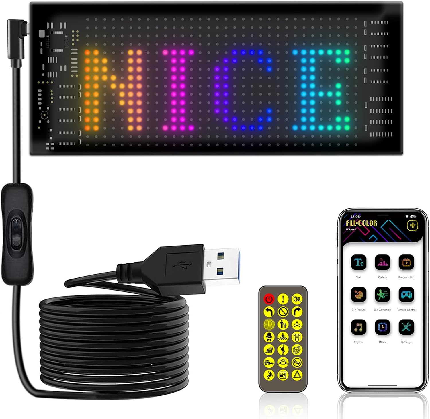 Mehrfarbiger, Intelligenter Fahrzeugaufkleber Mit Flexiblem Led-display Und Fernbedienung Für Autowerbung, Flexibler Bildschirm, Wasserbeständig Ip65 (16 32 (70 173 Mm))