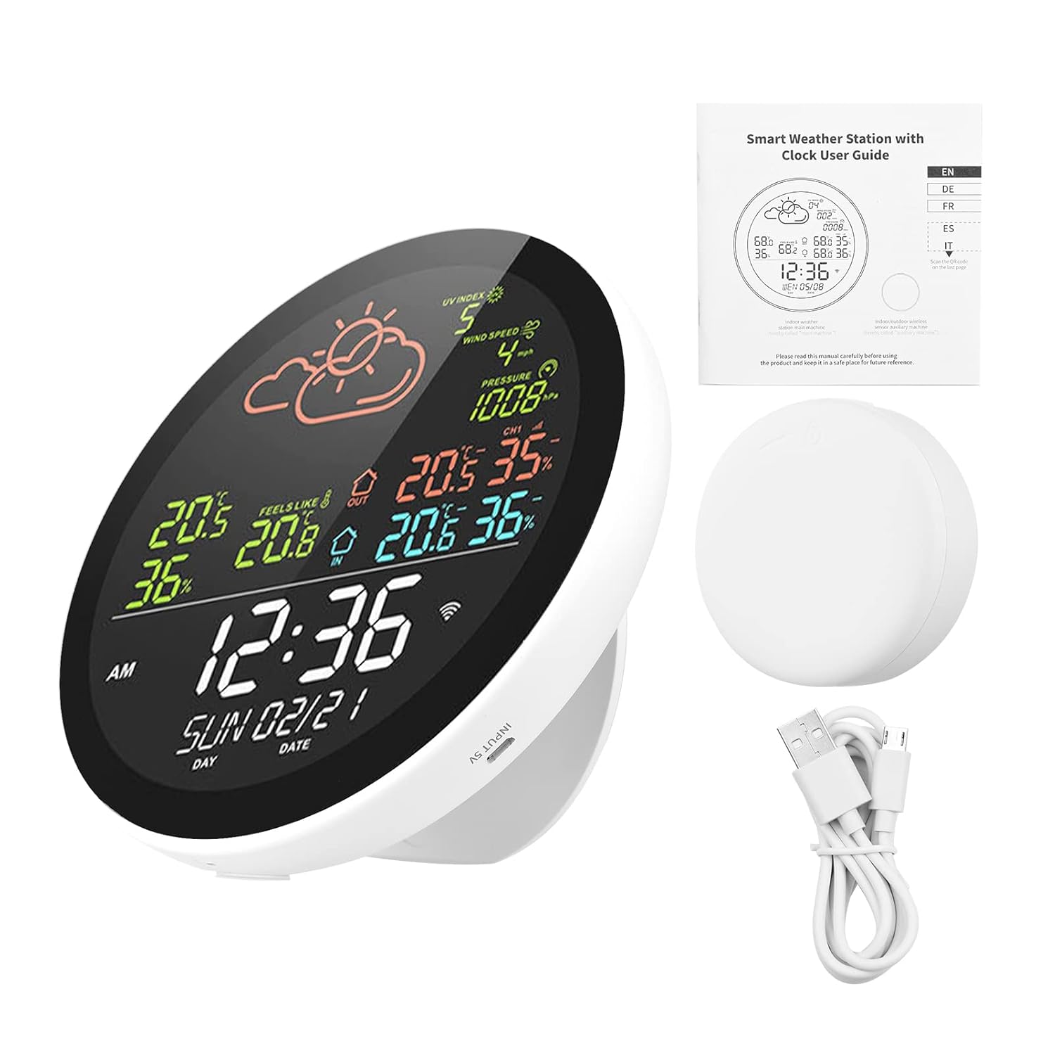 Intelligente Wetterstation Mit Uhr, Temperatur- Und Feuchtigkeitsmesser, Multifunktional, Großes Farbdisplay, Wetteruhr, Temperatur- Und Feuchtigkeitsmesser Mit 3 Sensoren