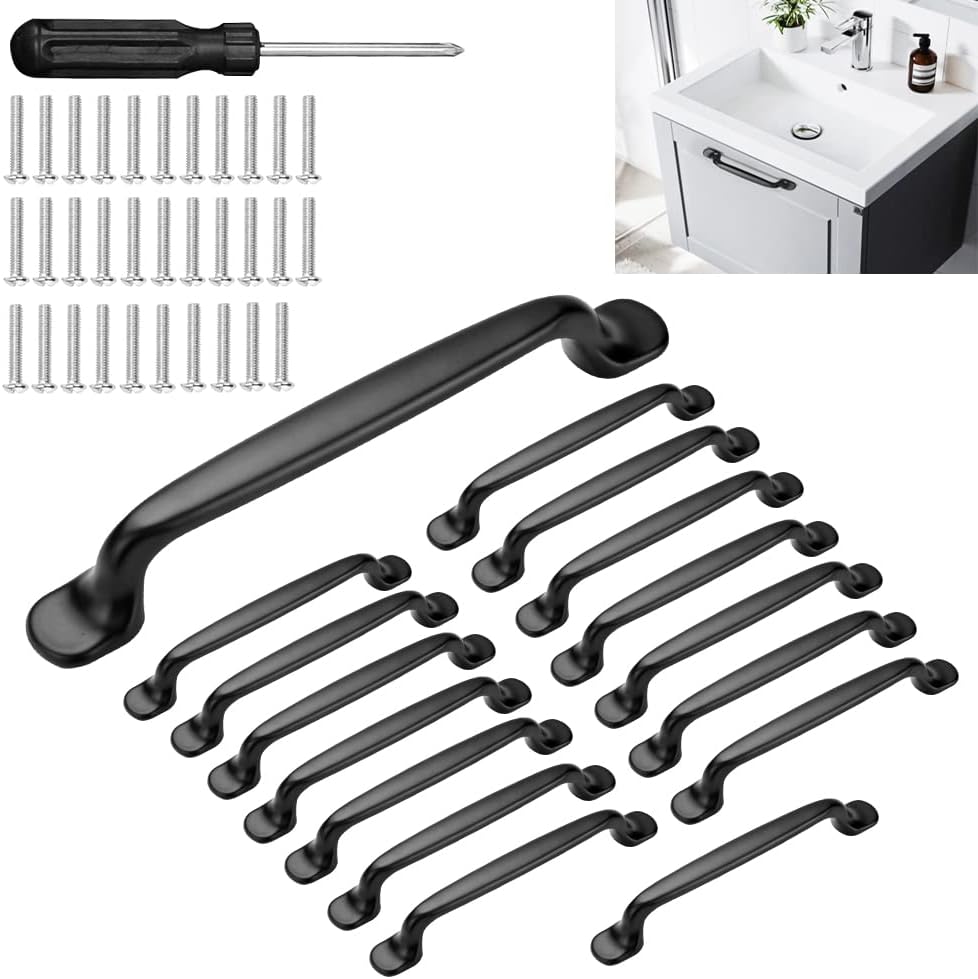 Set Mit 16 Küchengriffen, 128 Mm Gebogene Griffe, Möbelgriffe, Tür- Und Schrankgriffe Aus Schwarzer Aluminiumlegierung Mit Schraubendreher Für Schränke, Küche, Schubladen Und Gartentüren