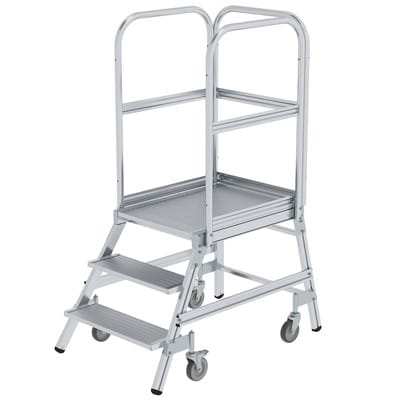 Podestleiter 3 Stufen, einseitig begehbar, Aluminium/Aluminium-Gitterrost