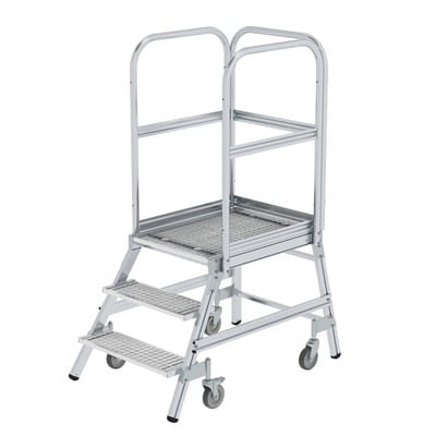 Podestleiter 3 Stufen, einseitig begehbar, Aluminium/Stahl-Gitterrost