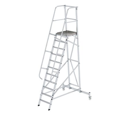 Podestleiter 11 Stufen, fahrbar, Aluminium/Aluminium