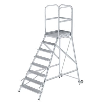 Podestleiter 8 Stufen, einseitig begehbar, Aluminium/Aluminium