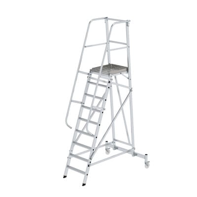 Podestleiter 9 Stufen, fahrbar, Aluminium/Aluminium