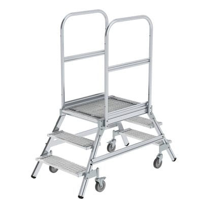 Podestleiter 3 Stufen, fahrbar, Aluminium/Stahl-Gitterrost